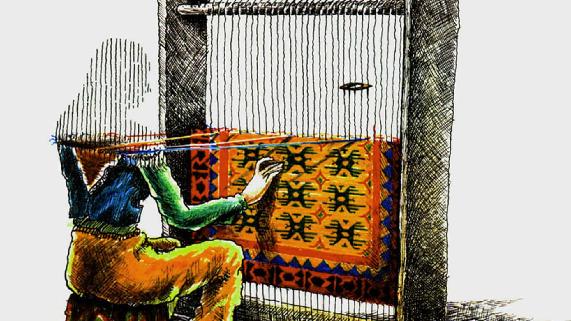 illustration of a gifted and talented Turkish woman is weaving a precious Turkish kilim rug at her loom