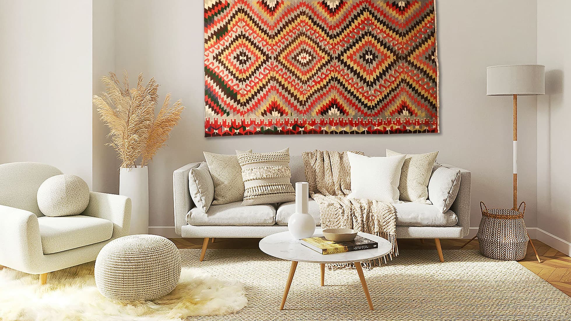 a Vintage Turkish Tribal Kilim Rug on the wall perfectly complements modern and minimal scandinav living room interior design