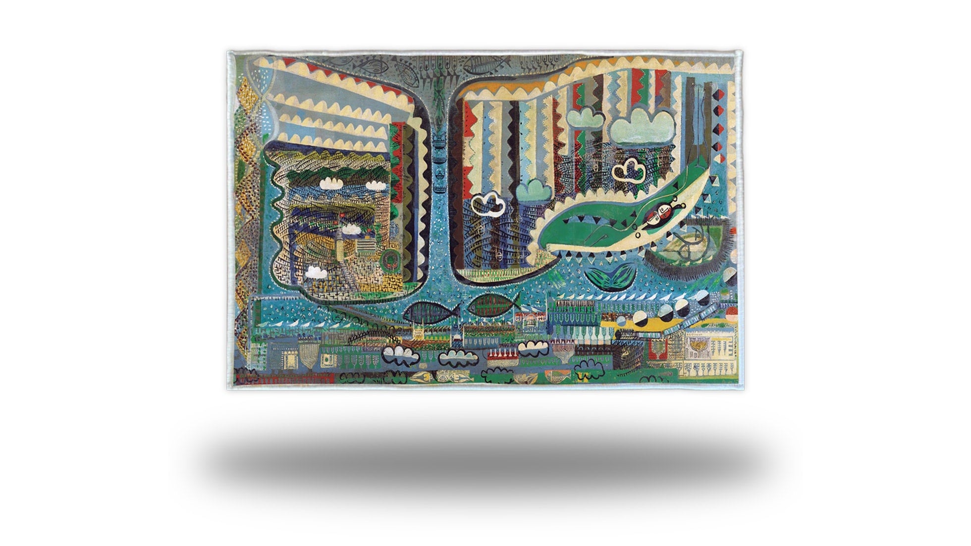 abstract artistic rug inspired by famous Istanbul painting by Turkish painter Bedri Rahmi Eyuboglu reflecting urban city life