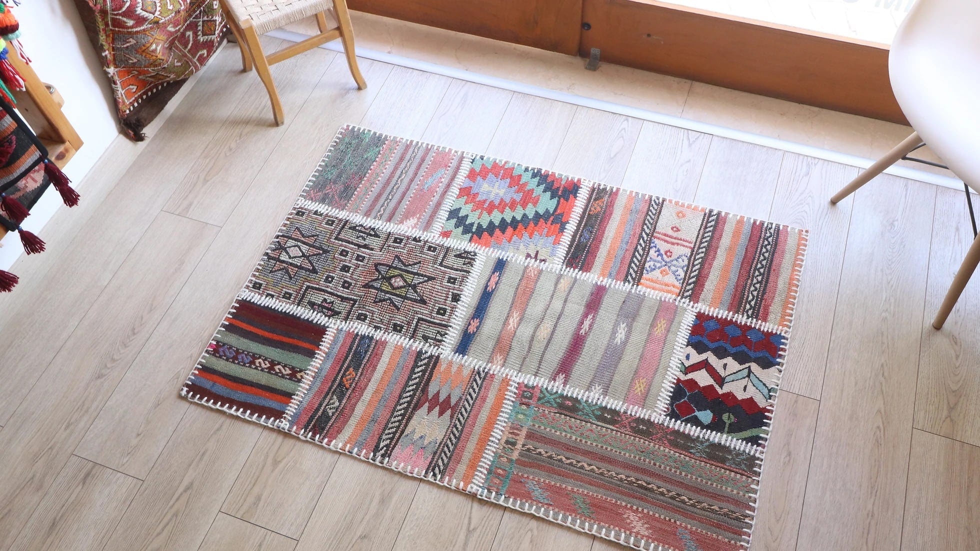 semi-antique handwoven modern Turkish Kilim Rug in pastel colors