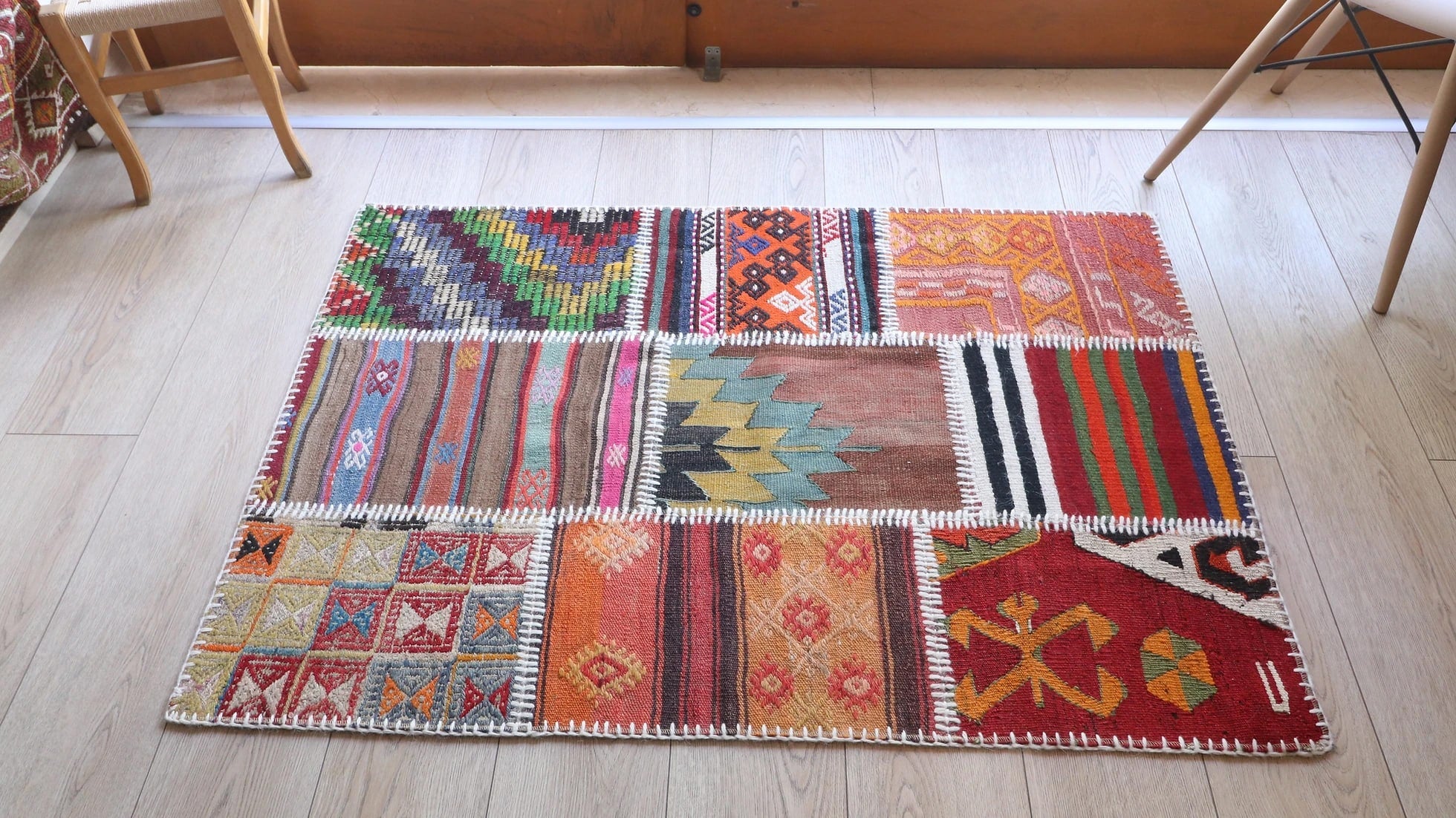 gorgeous antique Anatolian patchwork kilim rug made of pieces taken from various flat-weaves
