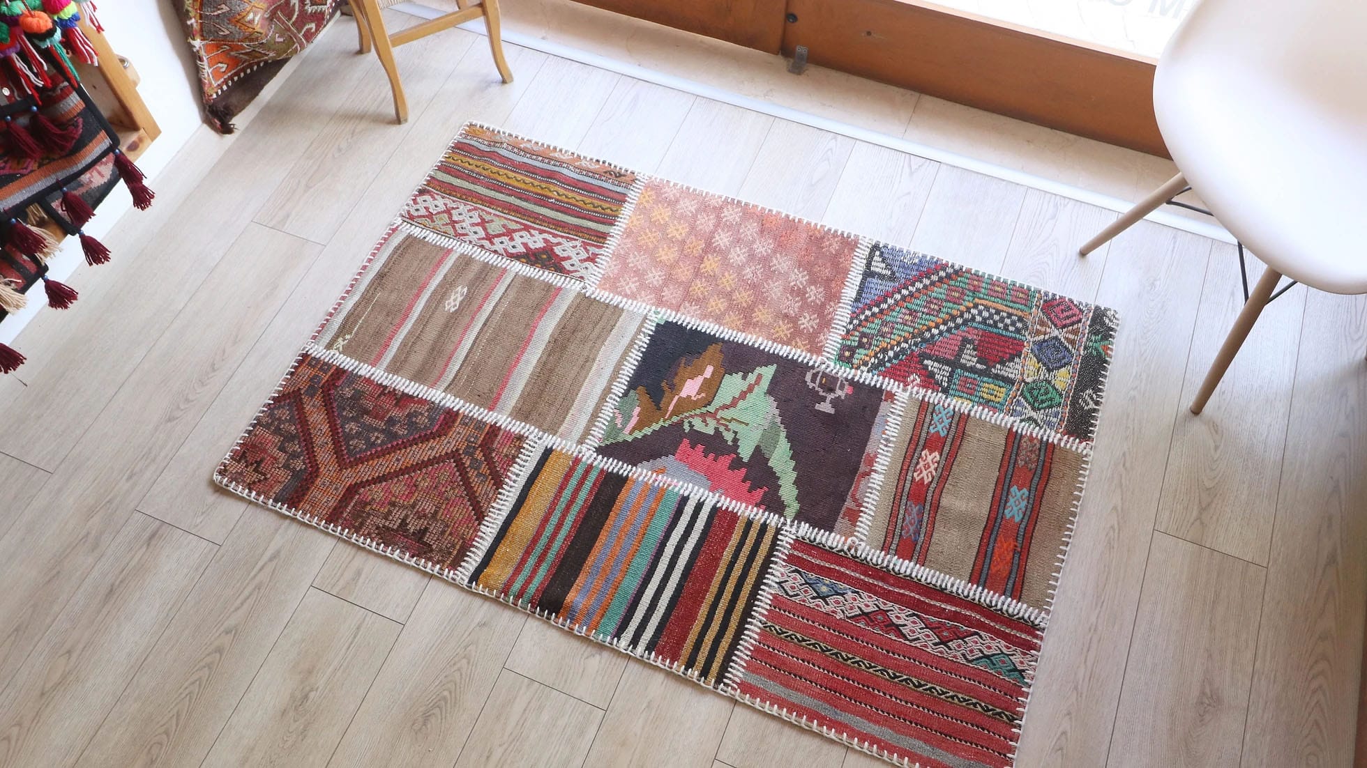 vintage patchwork kilim rug in rustic tones