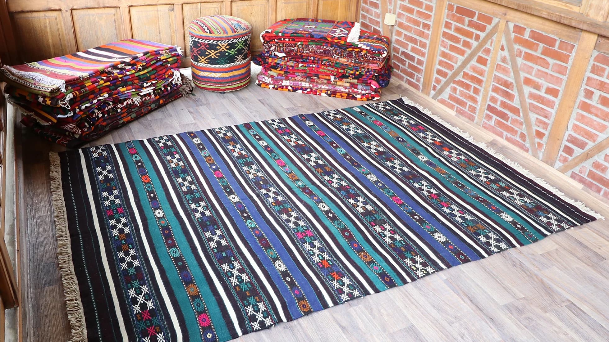 mid-century geometric vintage kilim rug with black and white stripes