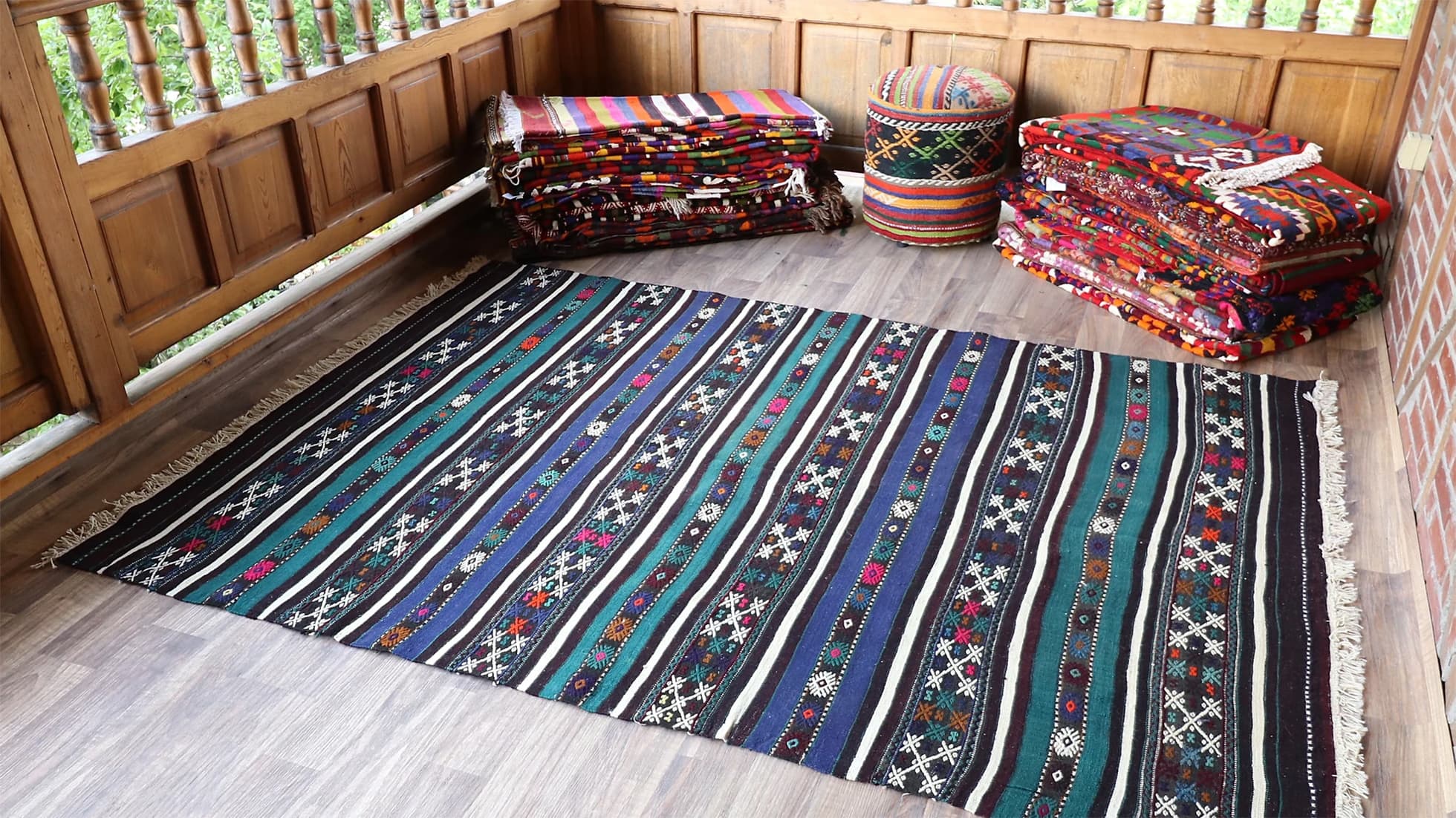 mid-century geometric vintage kilim rug with black and white stripes