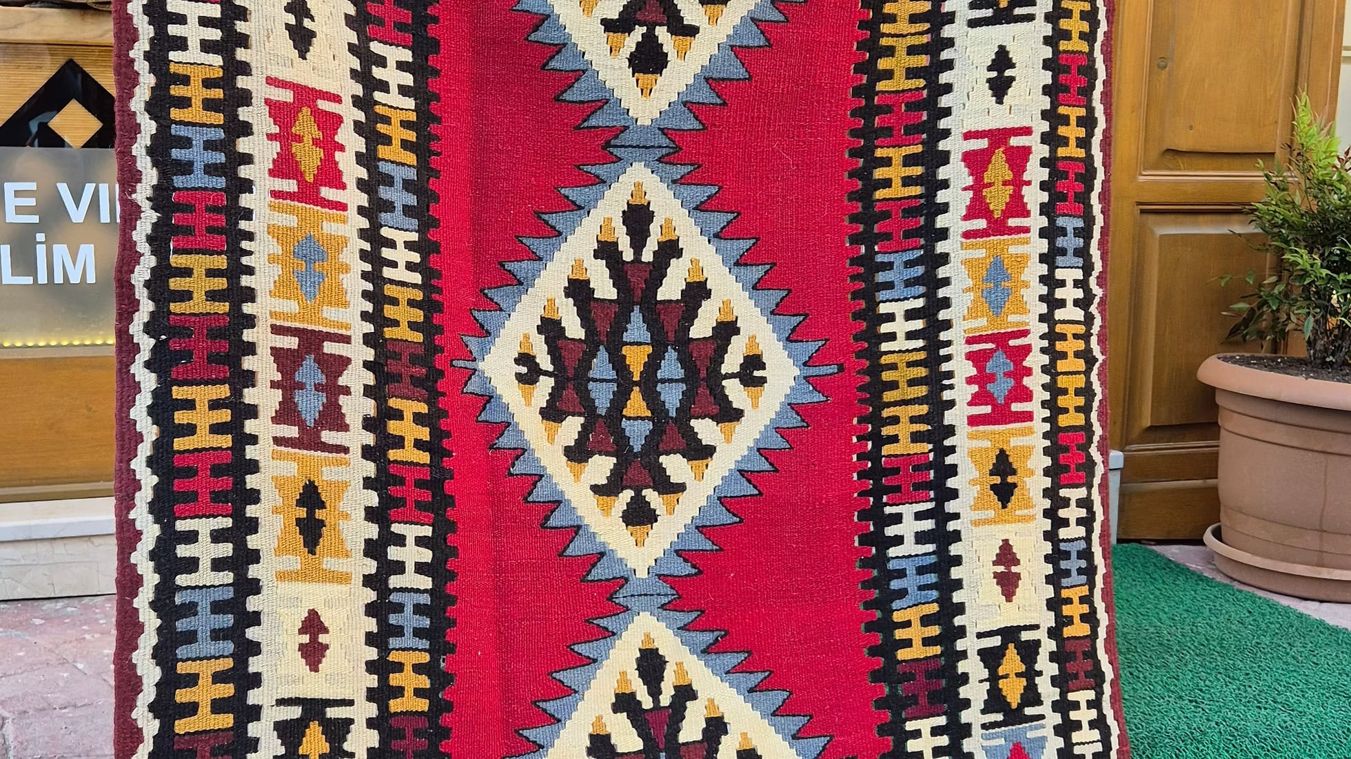 Flat-weave Turkish rug with symbolic Scorpion medallions and contemporary color palette by Kilim Couture