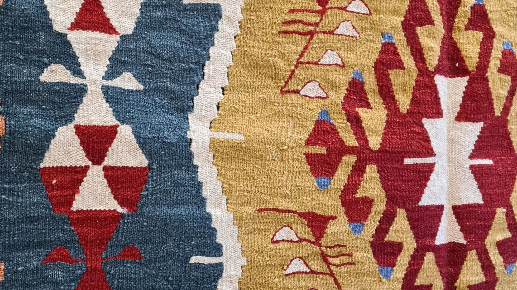 Medium Turkish Ushak handwoven kilim rug 4x6 with geometric motifs in vintage wine, mustard, and blue