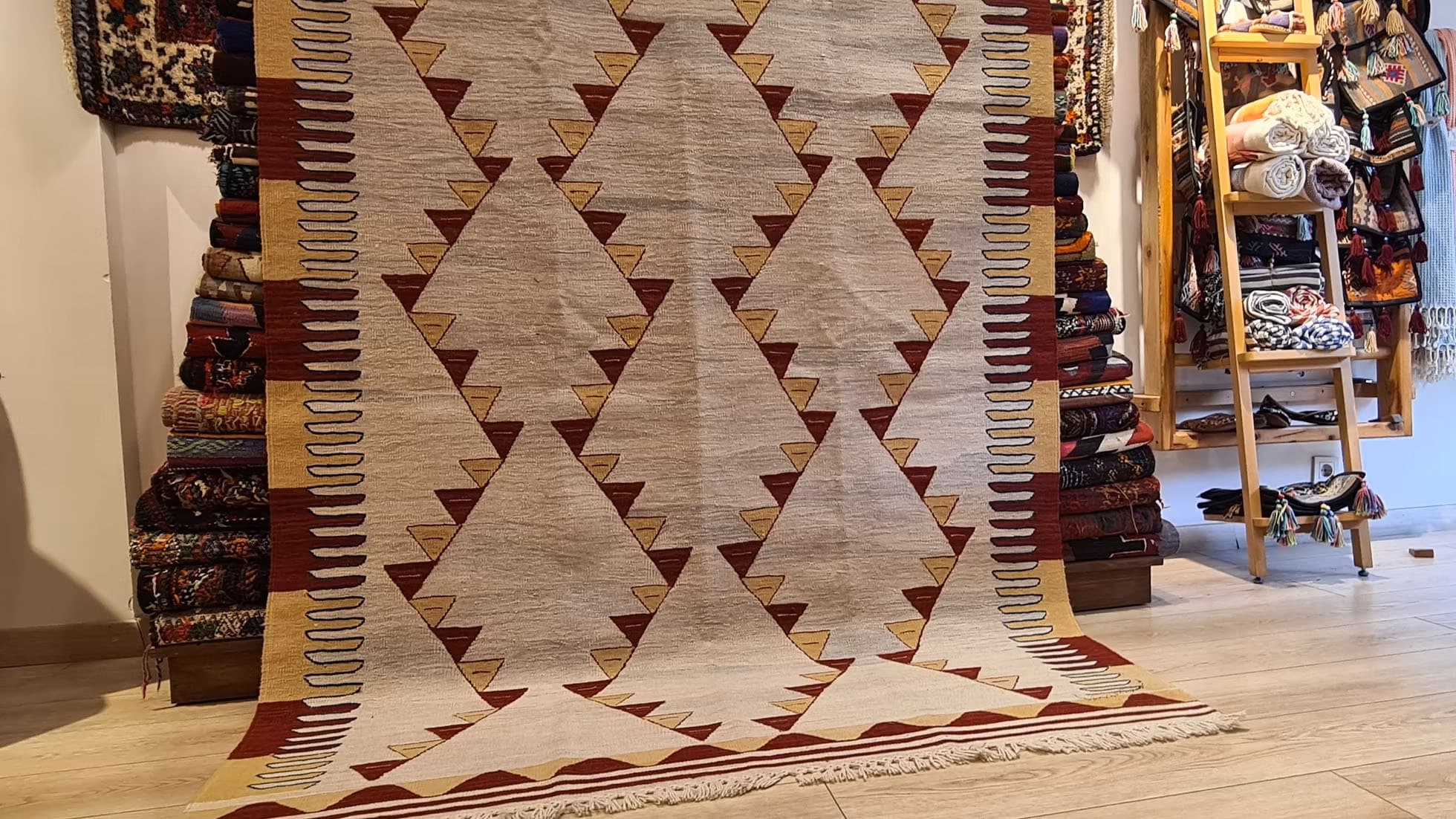 Modern Turkish Handwoven Rug in Soft Limestone Gray and Elegant Ivory with Oushak Patterns