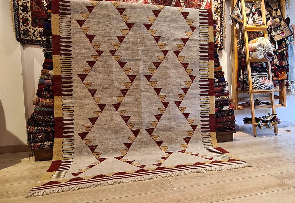 Elegant Flat-Woven Turkish Rug in Terracotta, Ivory, and Butter Yellow with Oushak Inspired Design