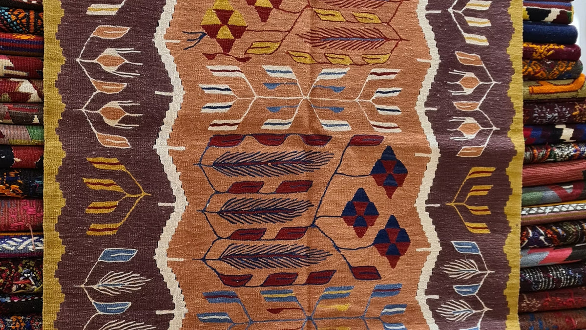 Oushak Tulip Design Kilim Rug in Antique Walnut | Kilim Couture 