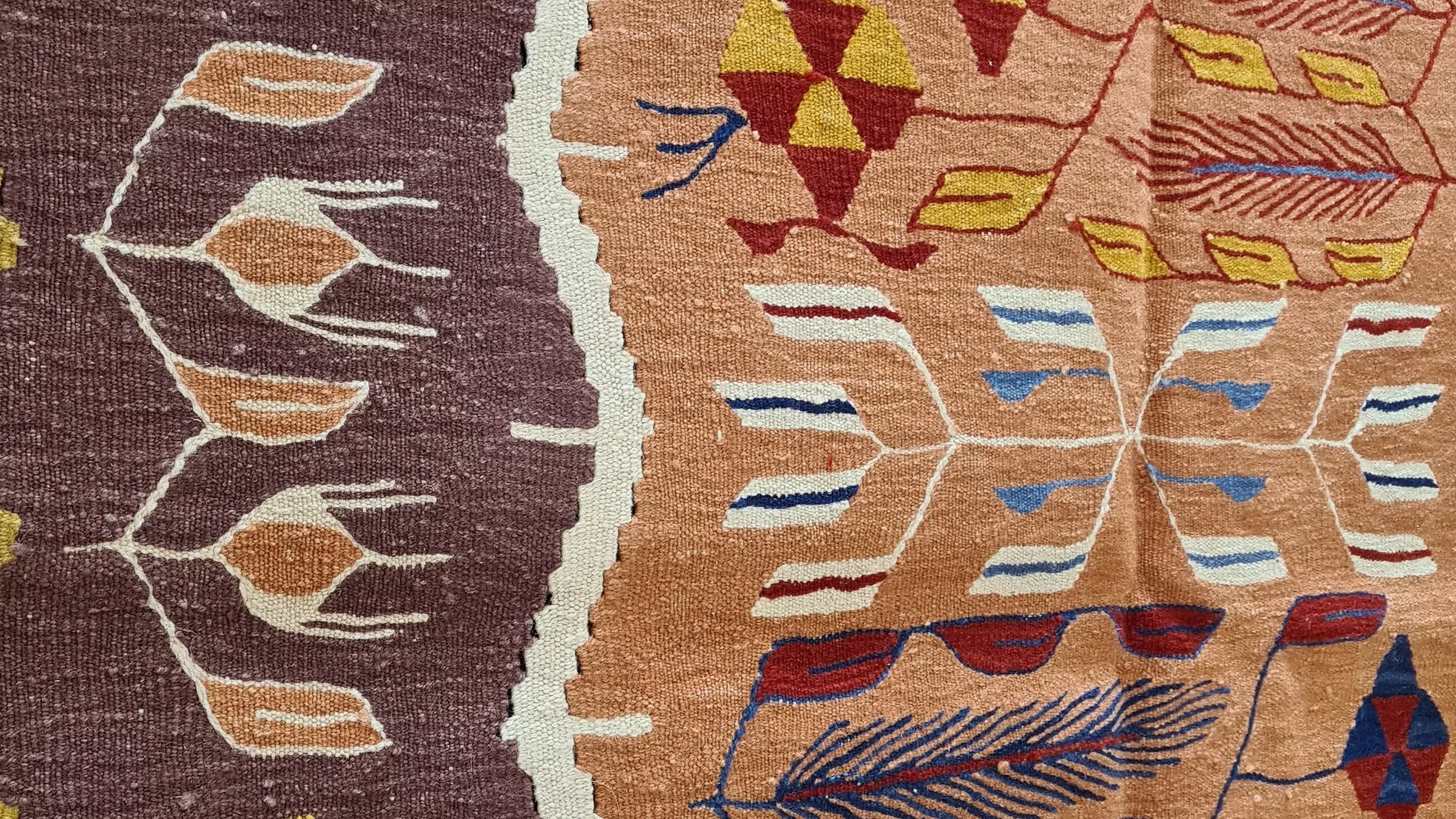 Turkish Oushak flat-weave kilim featuring floral motifs in mocha mousse.