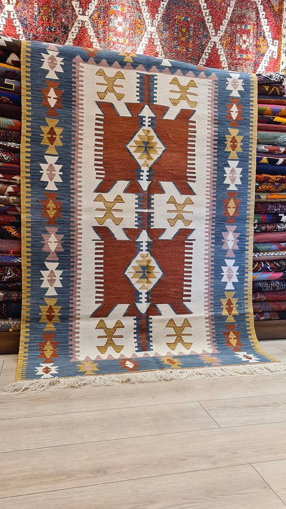 Handwoven Turkish Oushak Geometric Kilim Rug 4x6 Living Room or Entryway