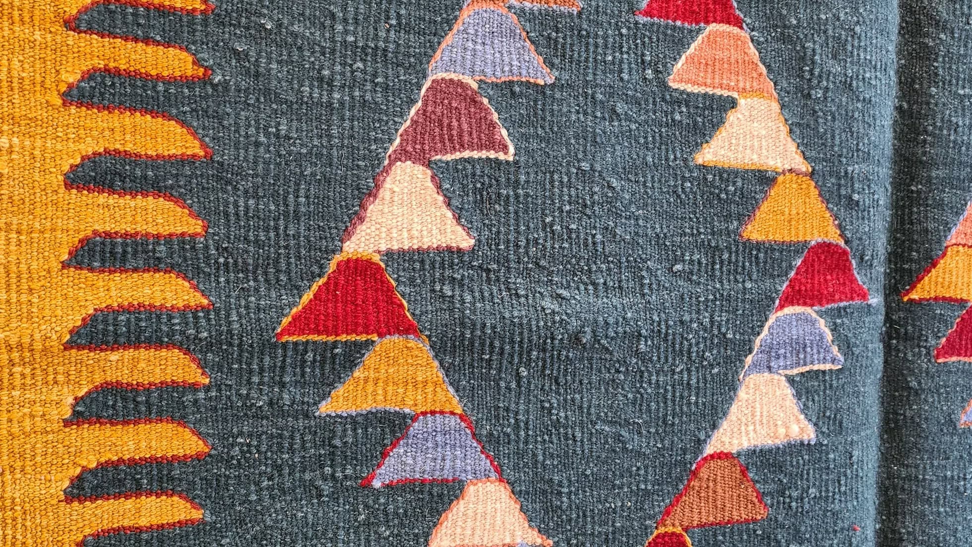 Contemporary Turkish Oushak kilim rug in blue and saffron yellow, handwoven primitive modernist flat-weave in 4x6 size