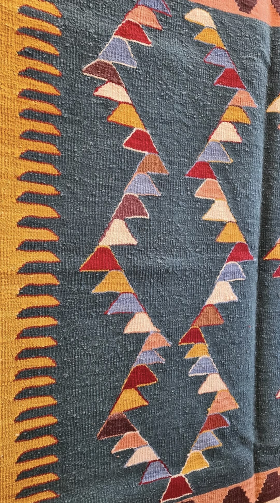 Contemporary Turkish Oushak kilim rug in blue and saffron yellow, handwoven primitive modernist flat-weave in 4x6 size