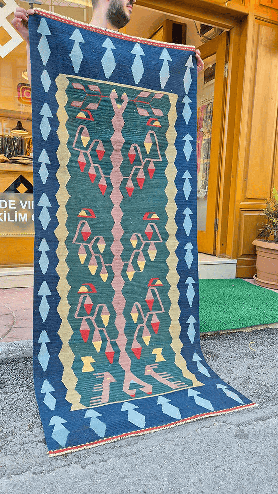 3x6 Oushak flat-weave runner featuring ocean blue outer border and geometric floral design