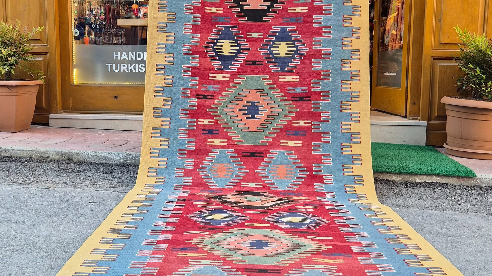 Contemporary Turkish Handwoven Oushak Geometric Kilim Runner in Butter Yellow, Mineral Blue, Burnt Rose