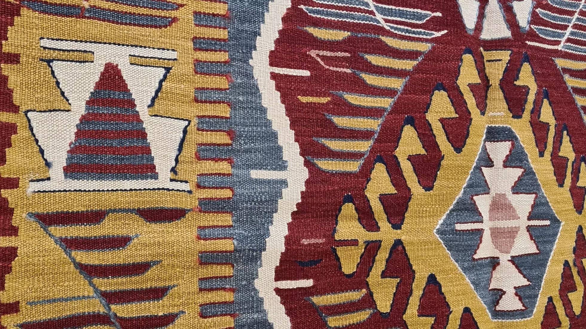 Modern Oushak Kilim Rug with Mustard Medallions and Grayish Blue Background, Ideal for luxury NYC Apartments, Brooklyn Living Rooms