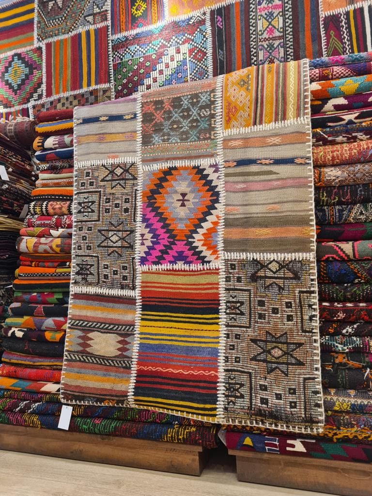Antique patchwork Turkish kilim rug