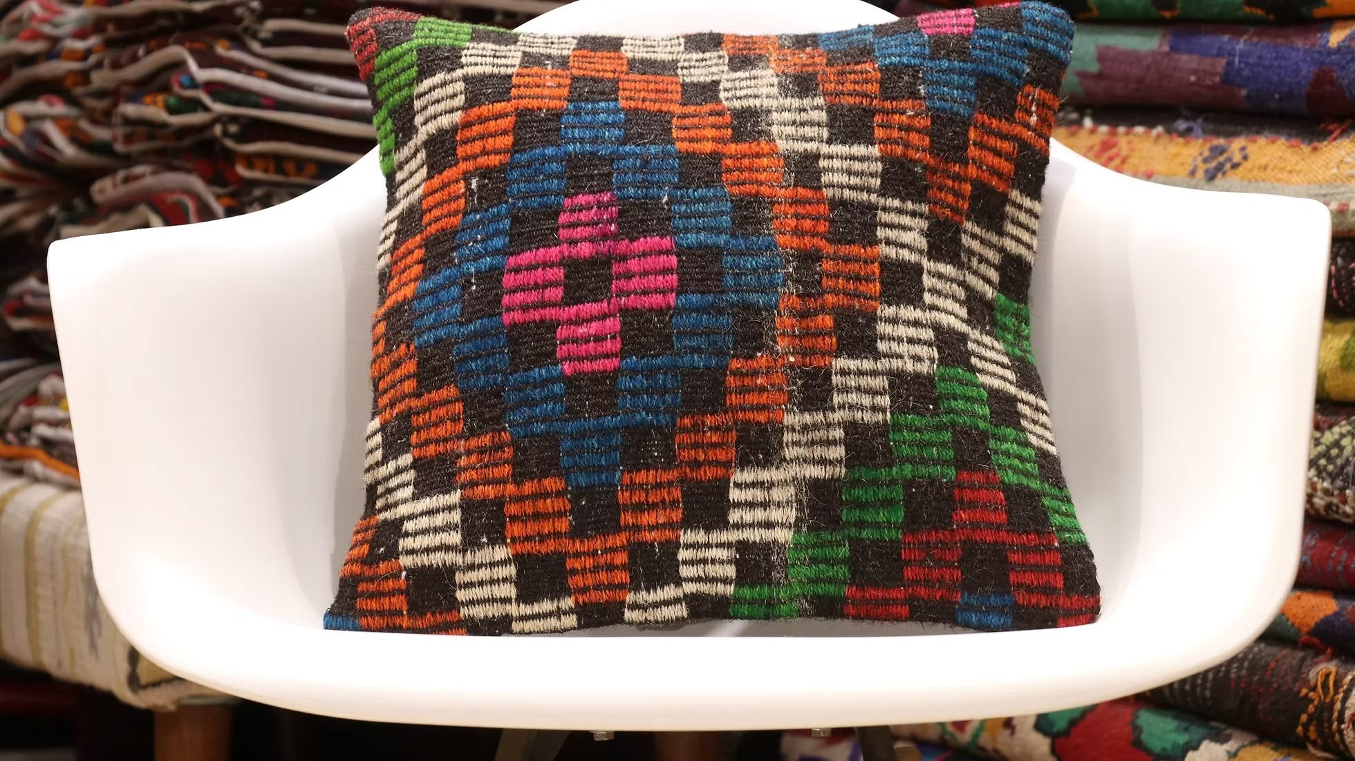 vintage handcrafted tribal kilim upholstered cushion cover in bold colors