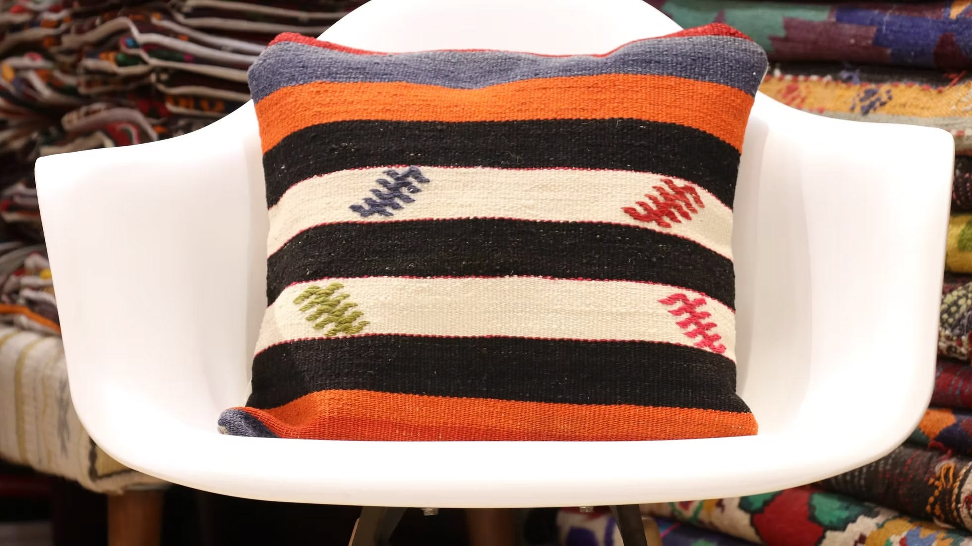 Vintage Handwoven Kilim Throw Pillow in Colorful Stripes by Kilim Couture New York
