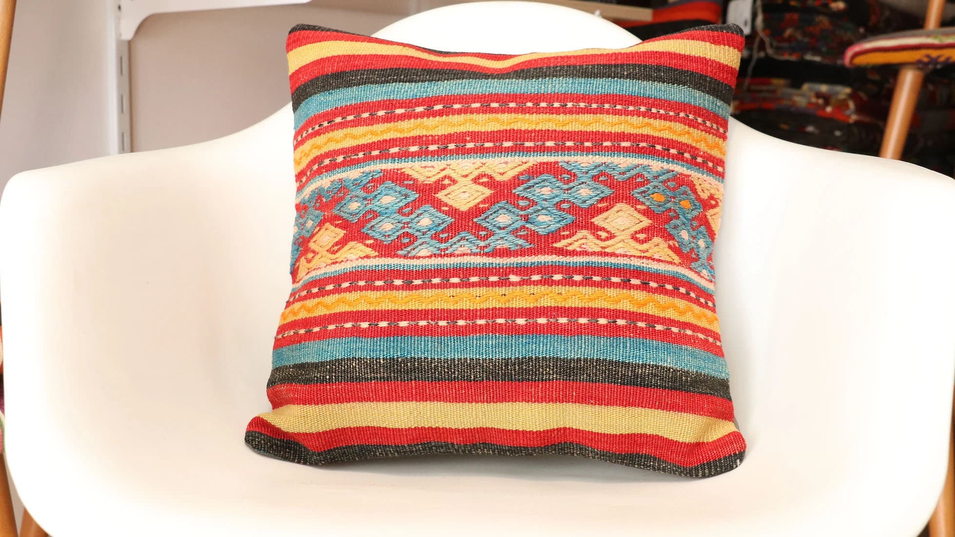 Vintage Handwoven Kilim Pillow in Crimson / Aqua / Yellow Stripes by Kilim Couture NYC Kilim Décor Collection