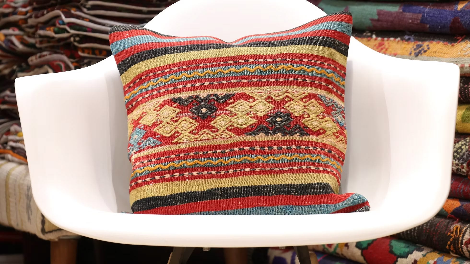 Vintage Handwoven Kilim Pillow in Crimson / Aqua / Yellow Stripes by Kilim Couture NYC Kilim Décor Collection