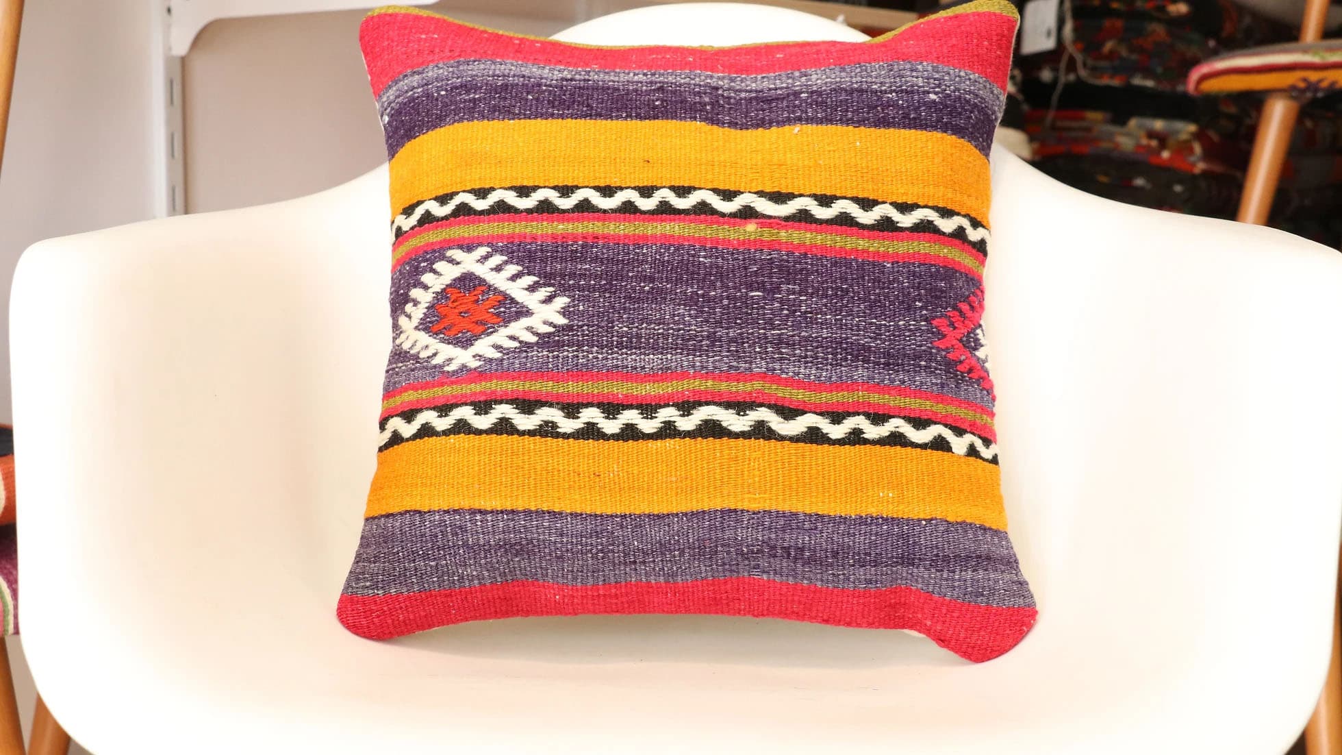 Vintage Handwoven Turkish Kilim Upholstered Pillow in Purple / Mustard / Magenta