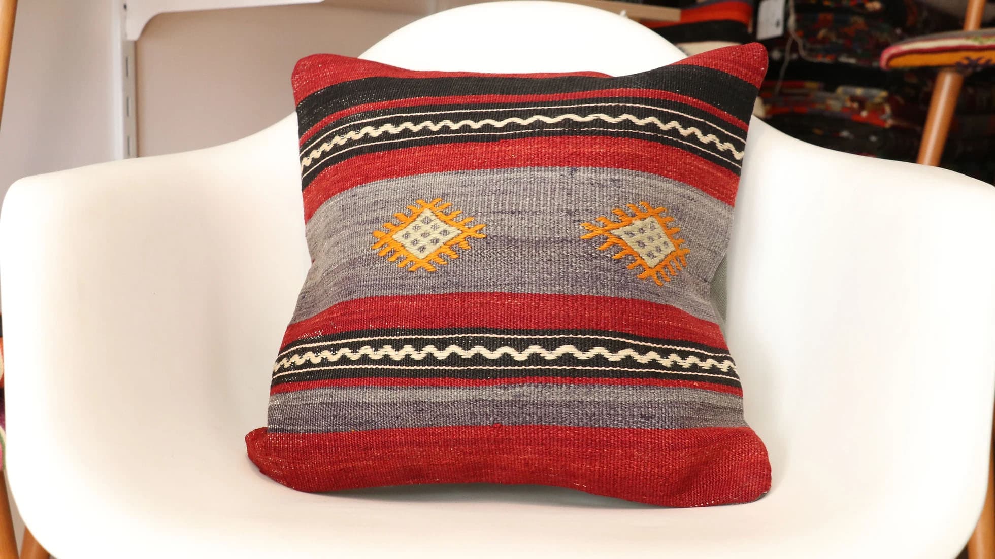Mid-Century Turkish Kilim Pillow in Black / Gray / Cream / Mustard