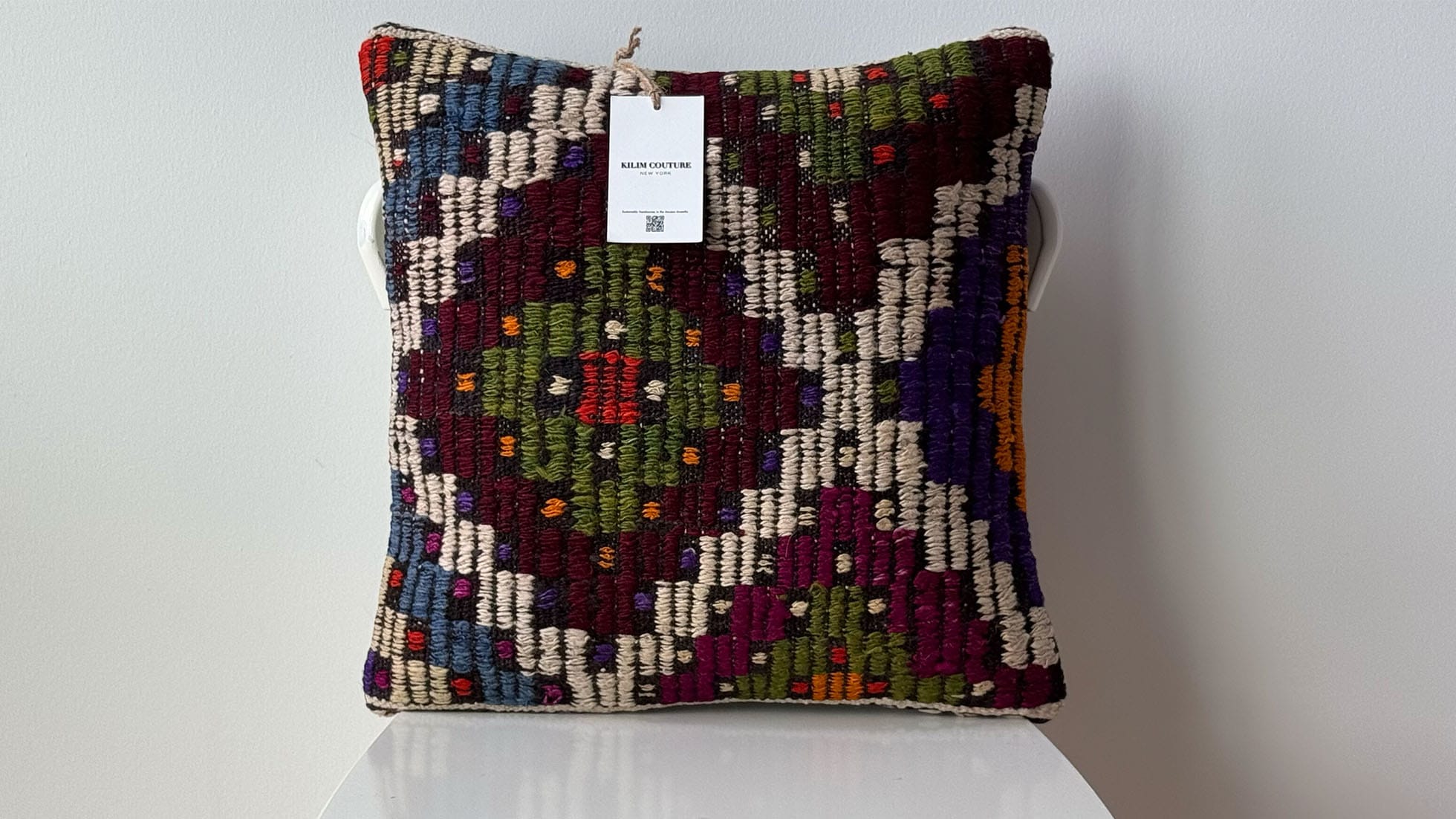 16x16 Vintage Handwoven Cecim Turkish Pillow in Bordeaux, Imperial Purple, Ocean Blue, and Khaki, featuring authentic Turkish kilim weaving, perfect for boho, eclectic, and sustainable home décor.