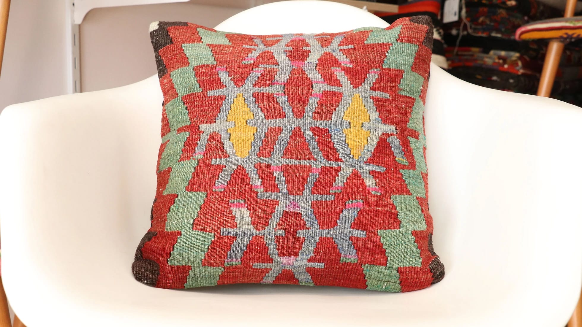 vintage handmade Turkish bohemian kilim upholstered pillow case
