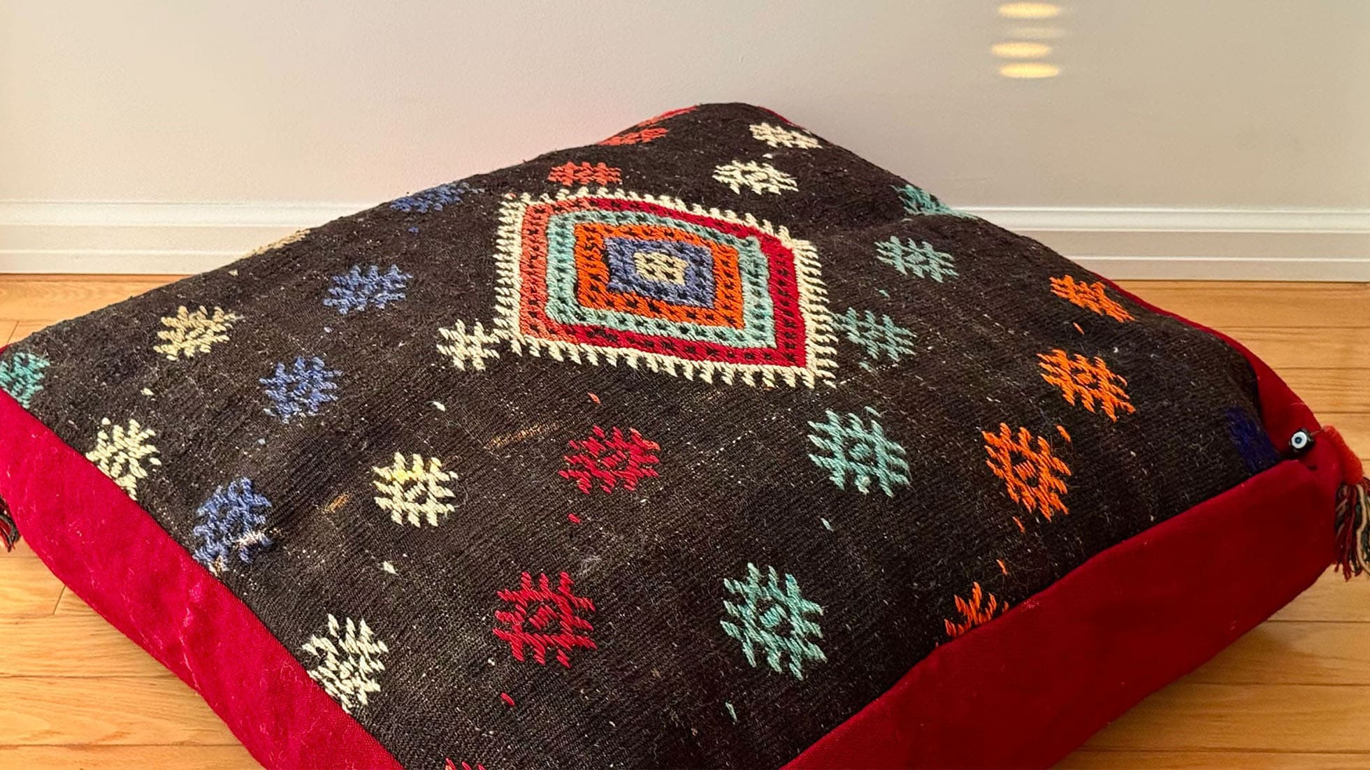 Vintage Kilim Ottoman Pouf in Red, Brown