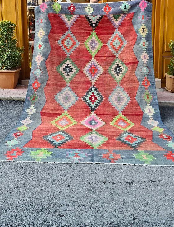 Vintage Handwoven Turkish Large Area Rug in Red and Blue