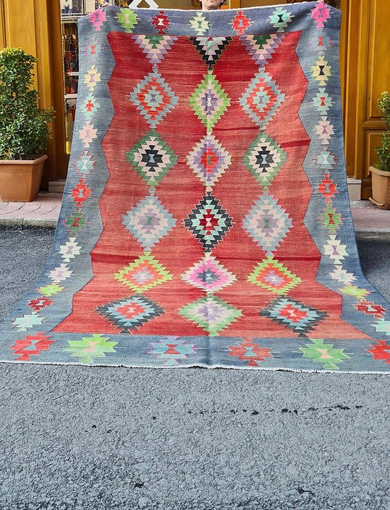 Vintage Handwoven Turkish Large Area Rug in Red and Blue