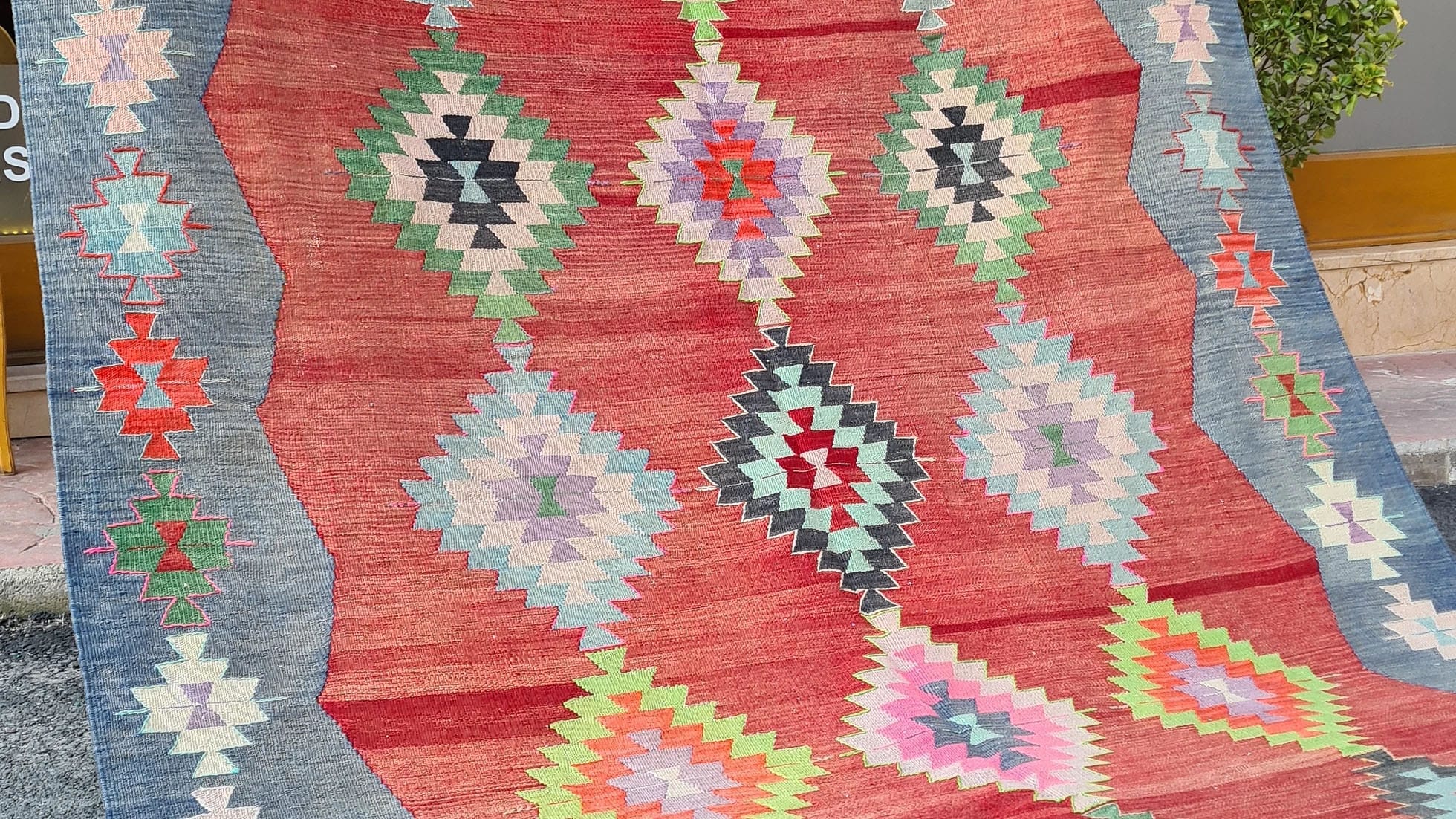 7x10 Vintage Balikesir Eclectic Kilim Rug in Red, Blue