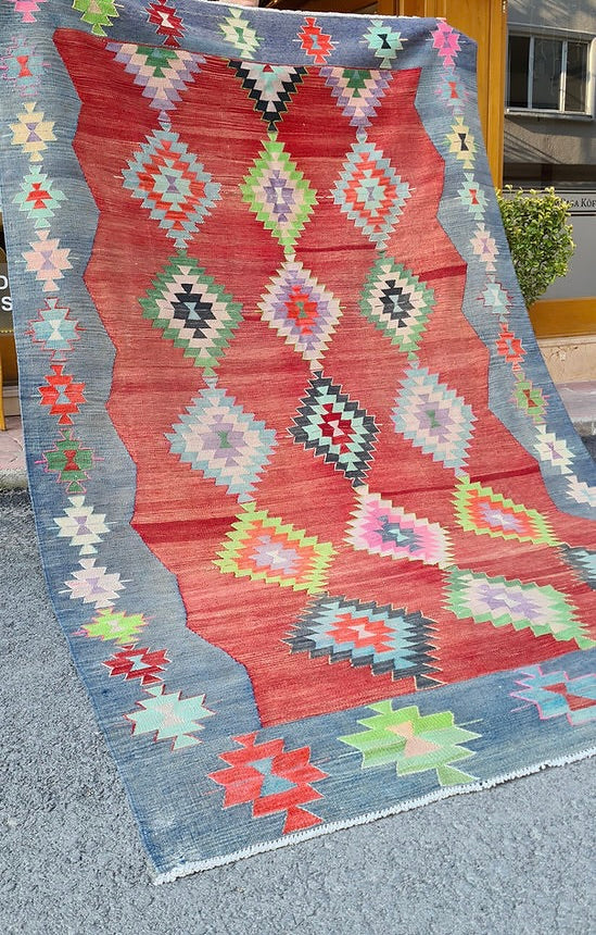 Vintage Handwoven Turkish Large Area Rug in Red and Blue