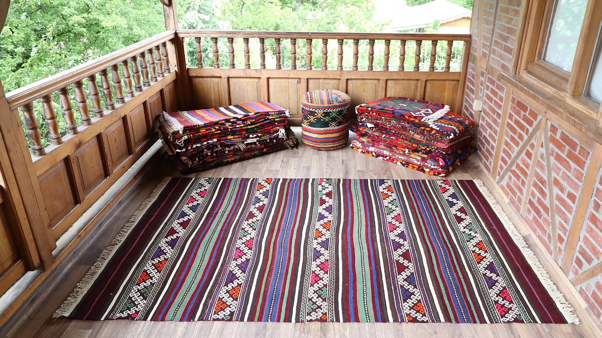 polychromatic vintage handcrafted nomadic kilim rug with tassels