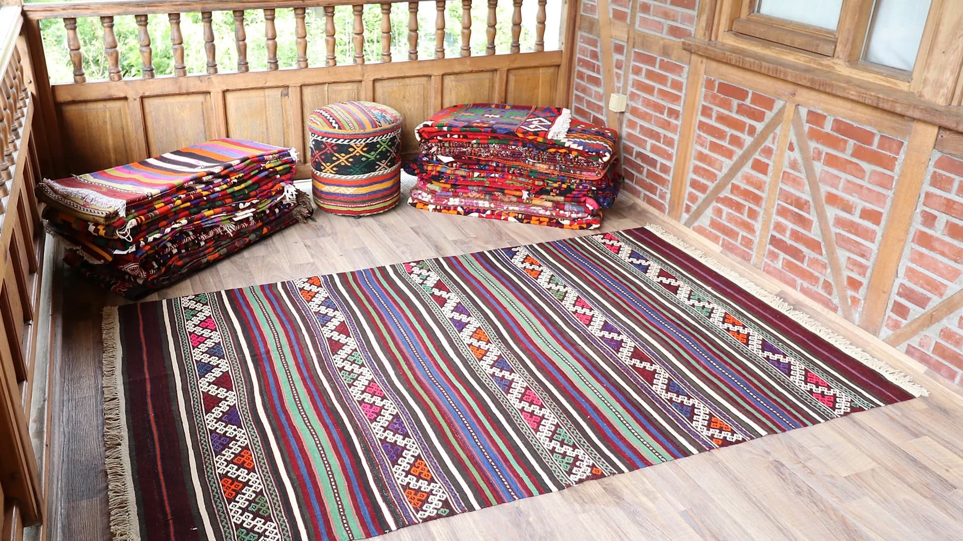 polychromatic vintage handcrafted nomadic kilim rug with tassels