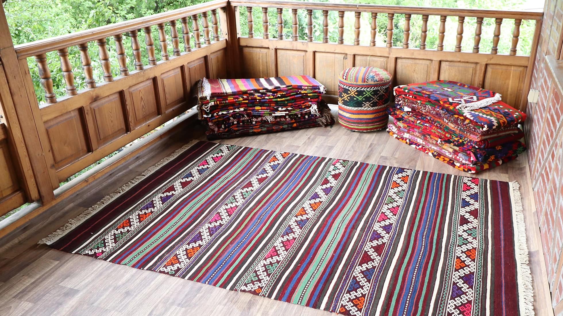 polychromatic vintage handcrafted nomadic kilim rug with tassels