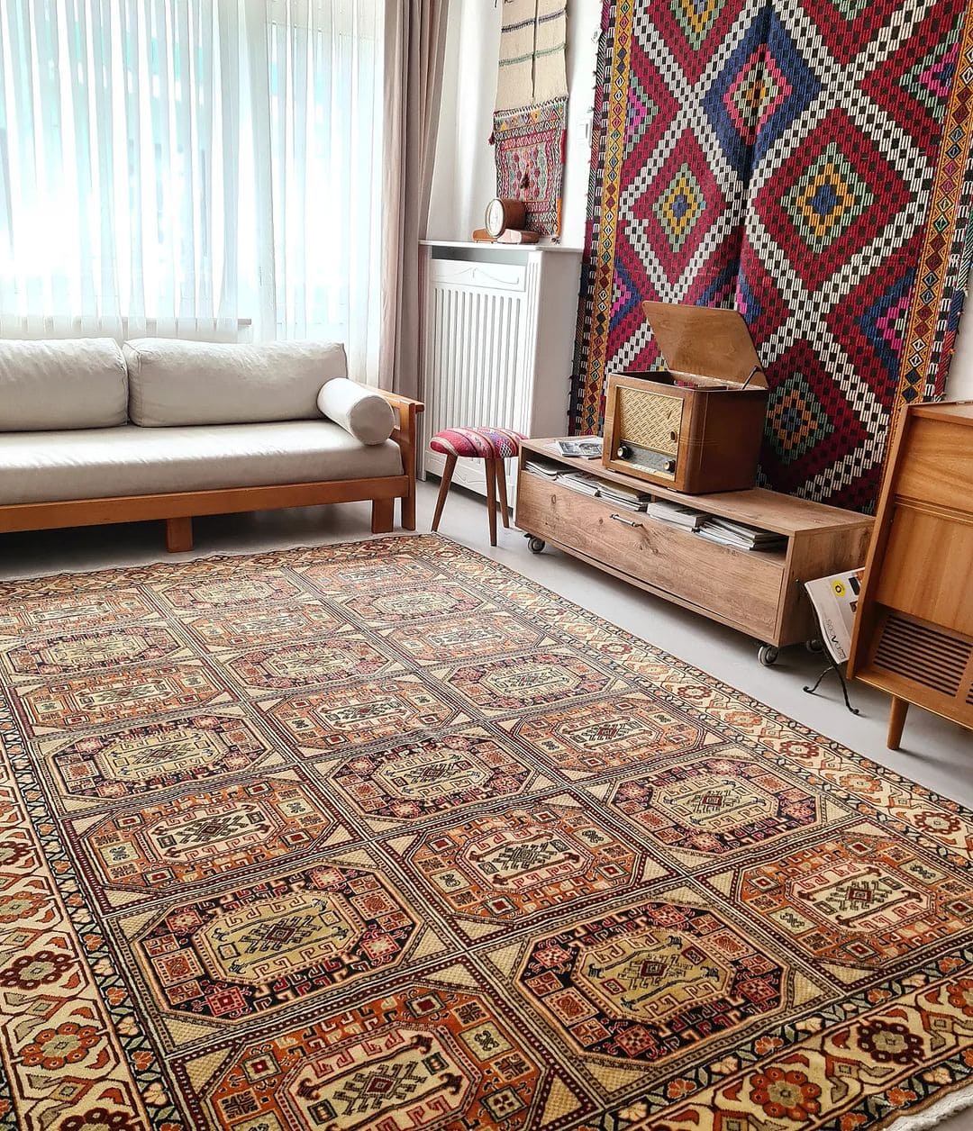 vintage Turkish handmade Kayseri Carpet in beige and brown with floral patterns