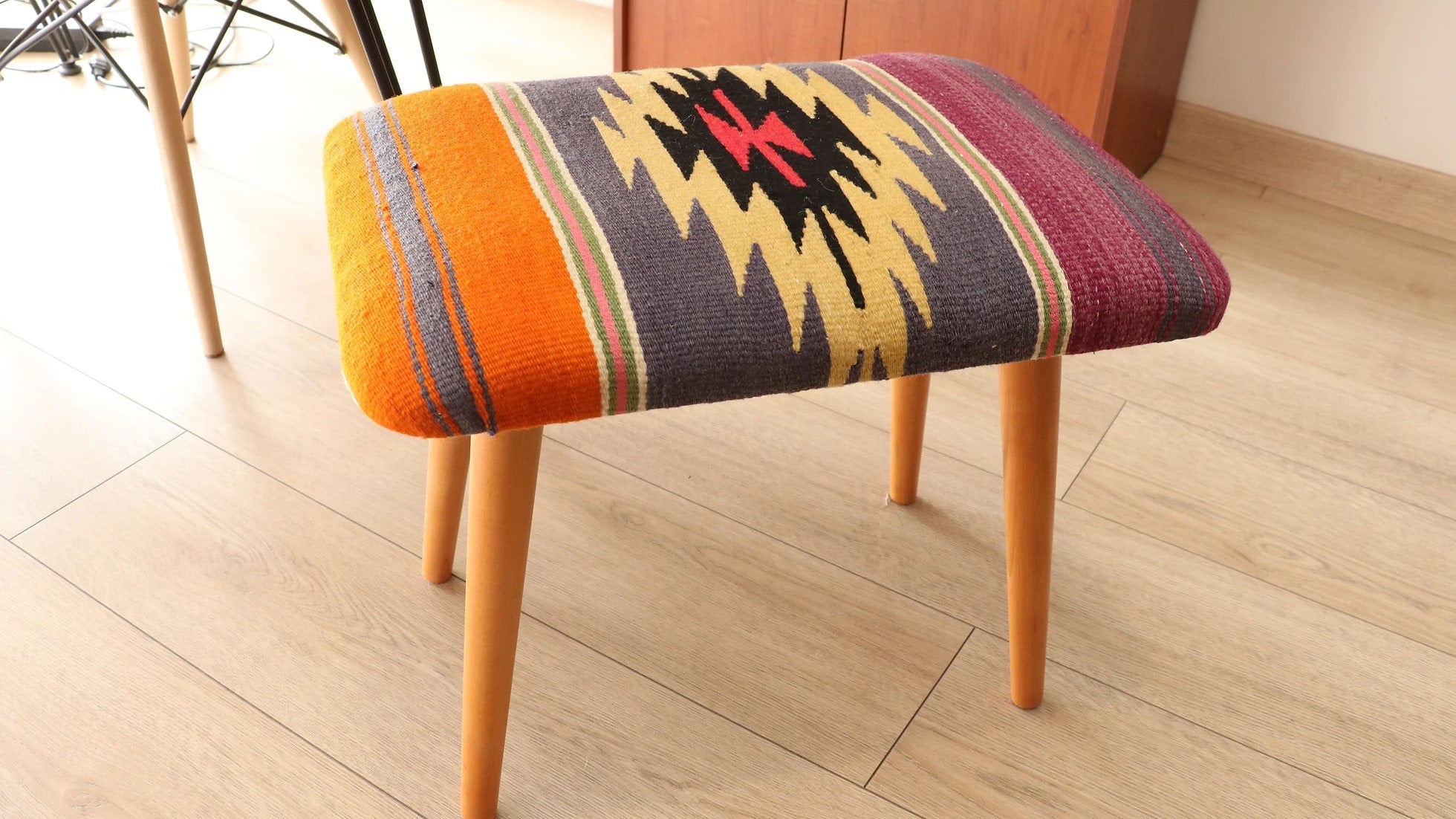 handcrafted vintage kilim ottoman stool in rectangular shape