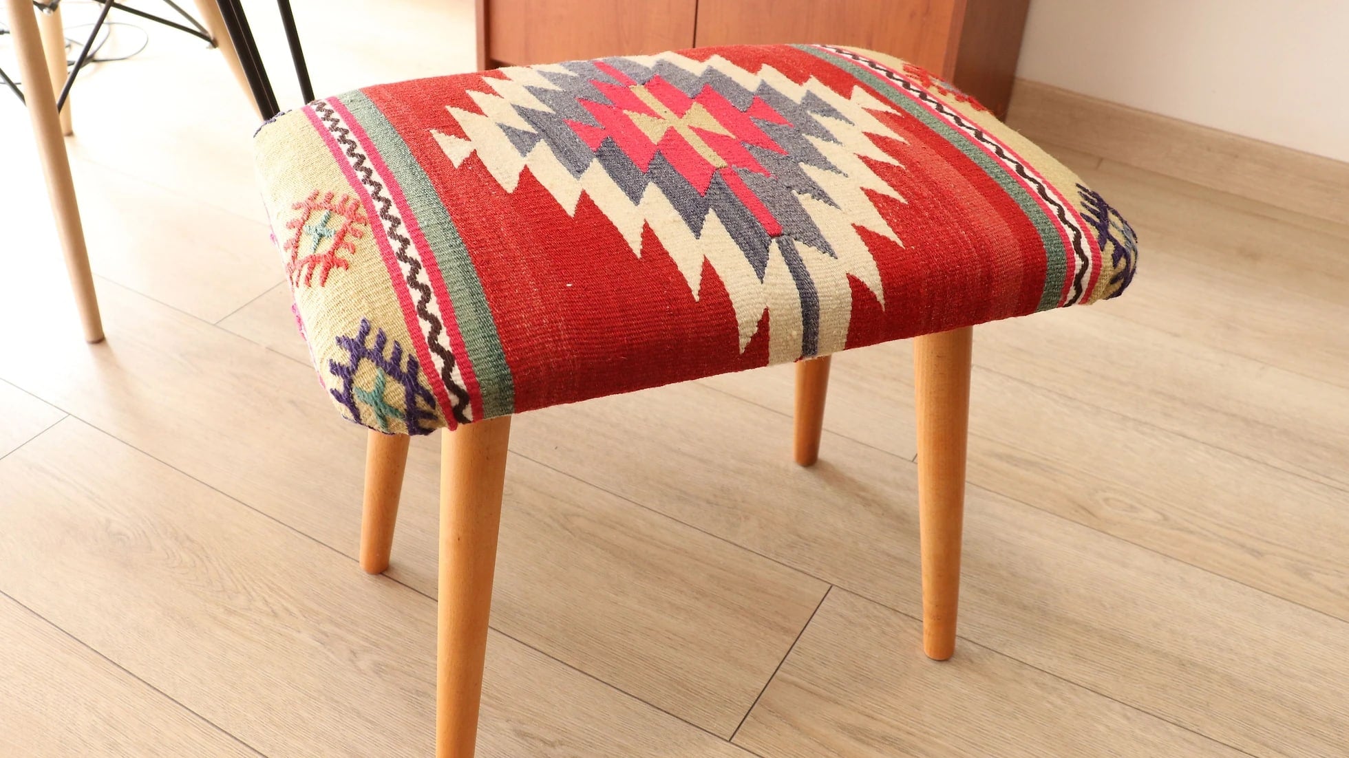 ottoman kilim bench made of vintage Turkish quilt in lozenge patterns
