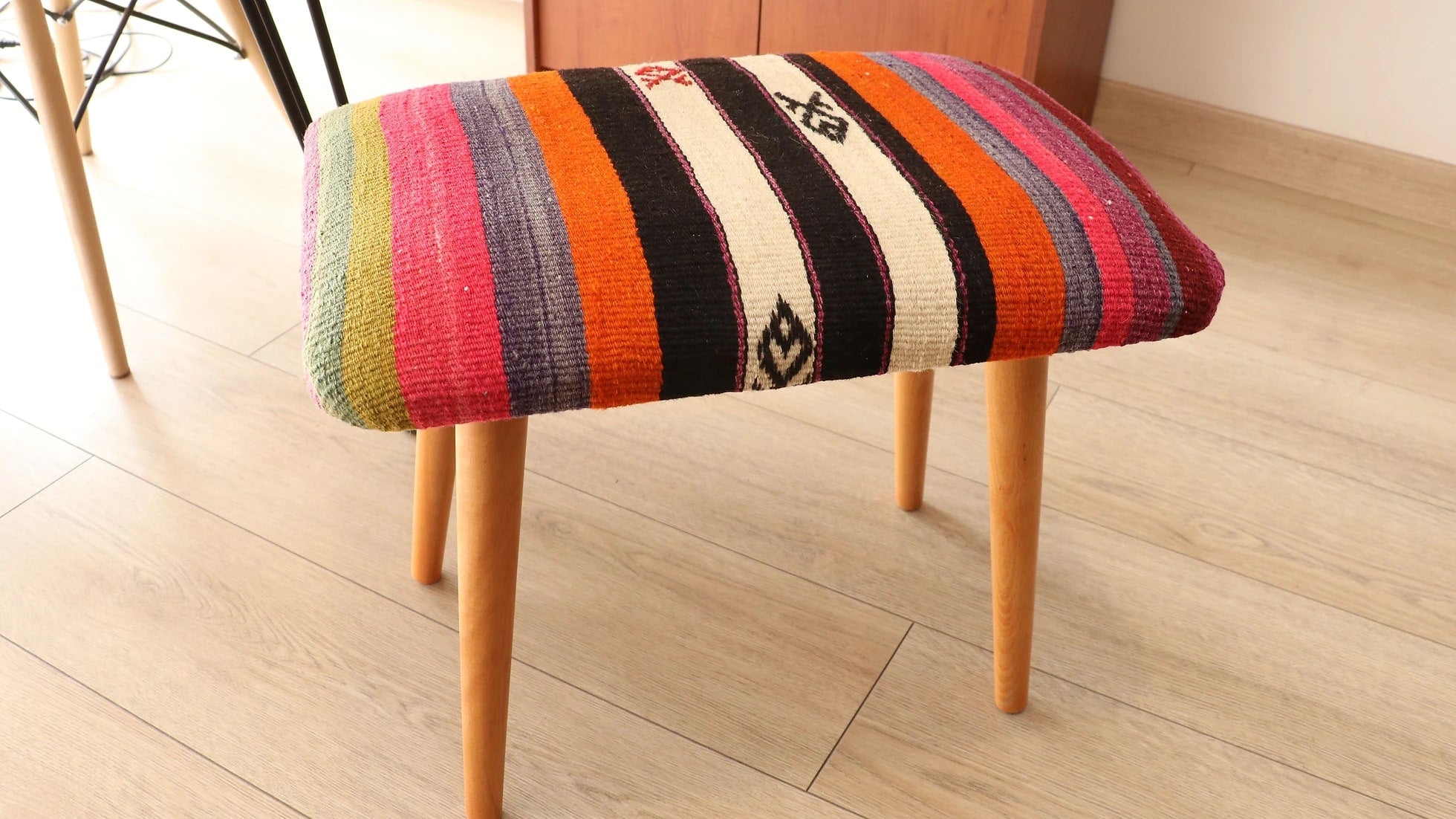 Vintage Handcrafted Kilim Upholstered Bench with Bird and Stripes