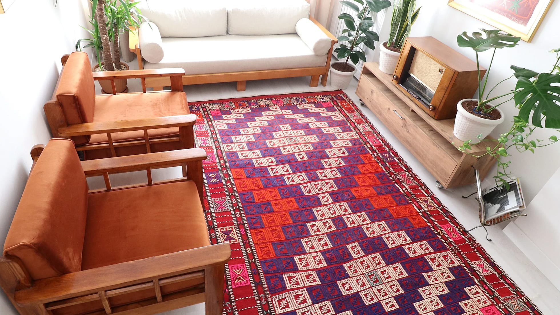 Vintage hand woven Cecim Kilim Rug with vibrant hues in pink, red and purple