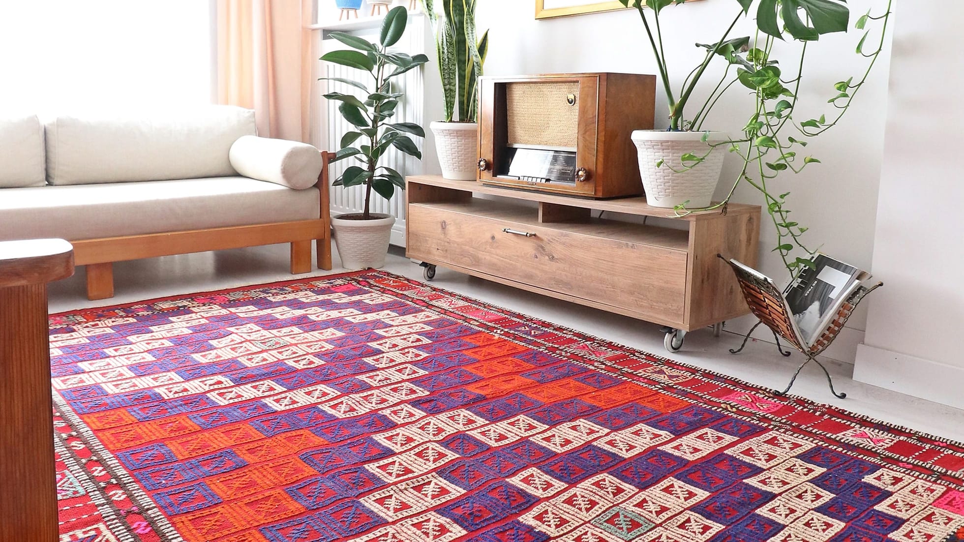 Vintage hand woven Cecim Kilim Rug with vibrant hues in pink, red and purple