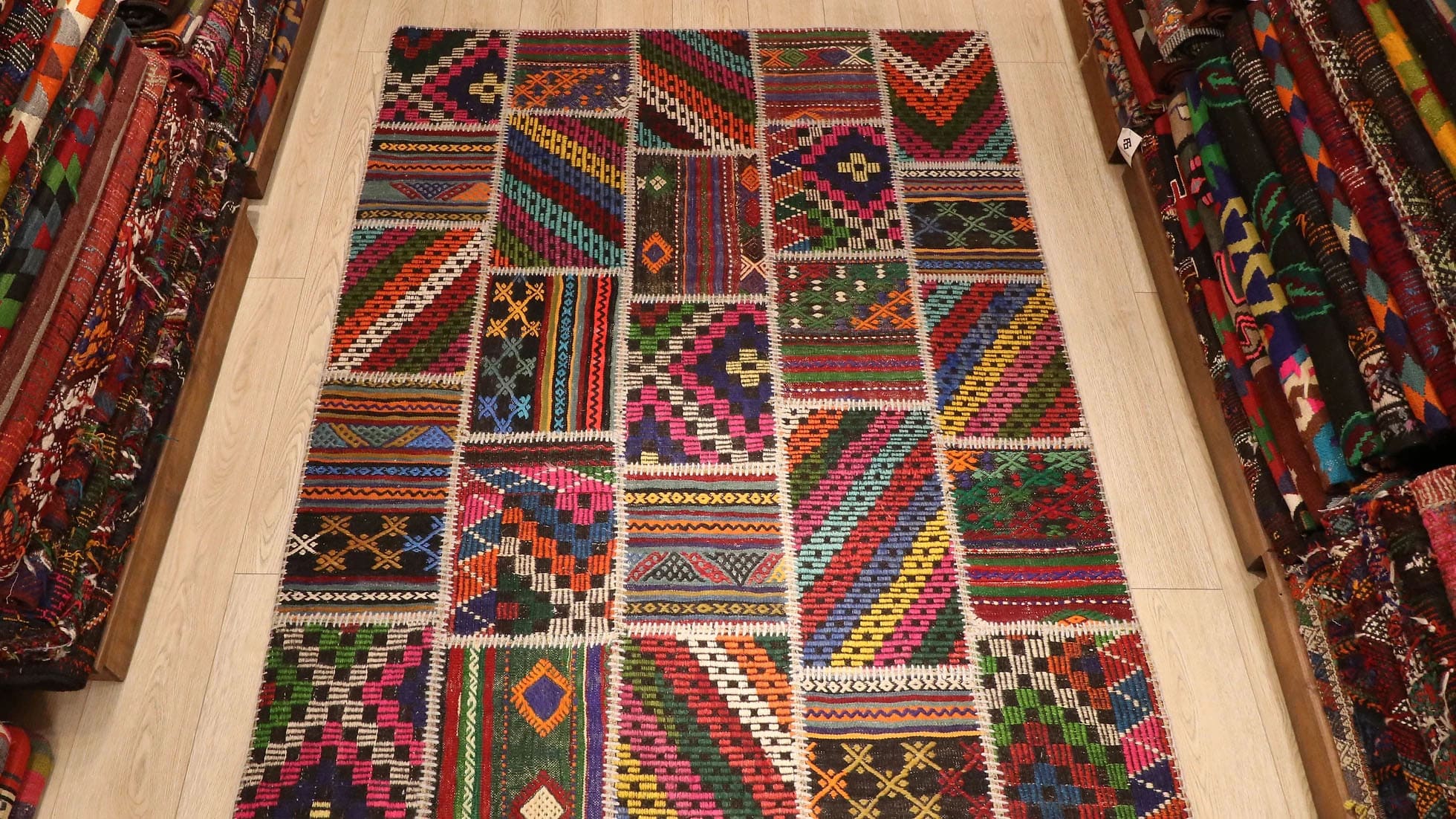 Semi-Antique Turkish Patchwork Cecim Kilim in Colorful Tribal Patterns by Kilim Couture New York Rug Gallery