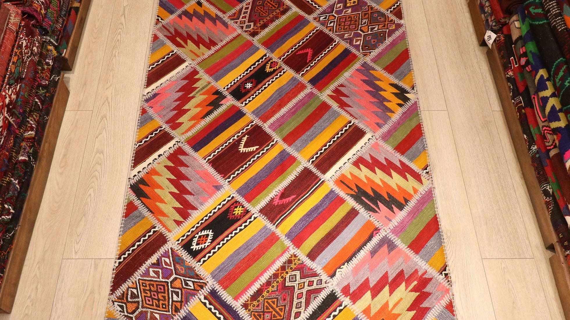 Patchwork Kilim in Polychromatic Geometric Patterns