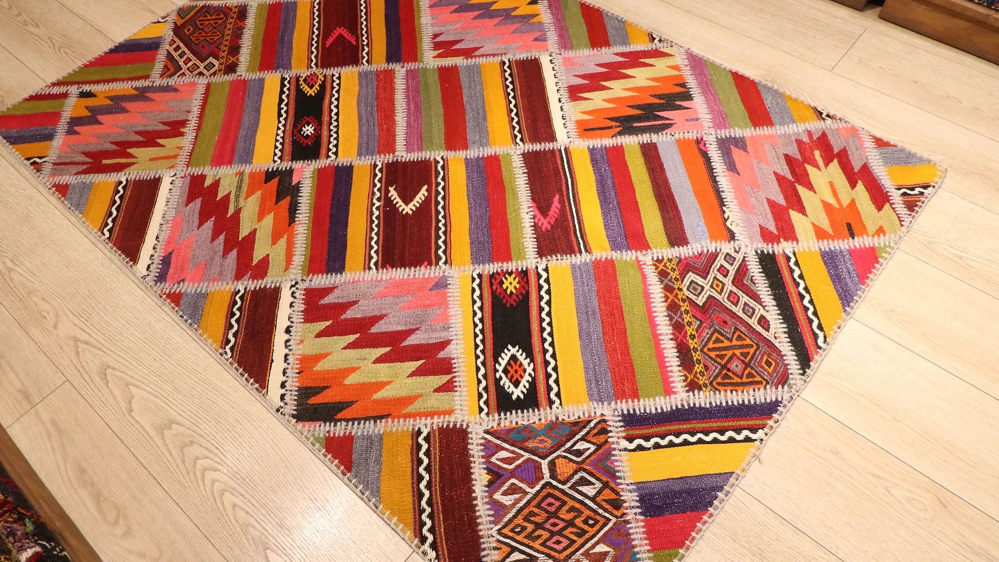 Vintage Turkish Patchwork Kilim in Polychromatic Geometric Patterns