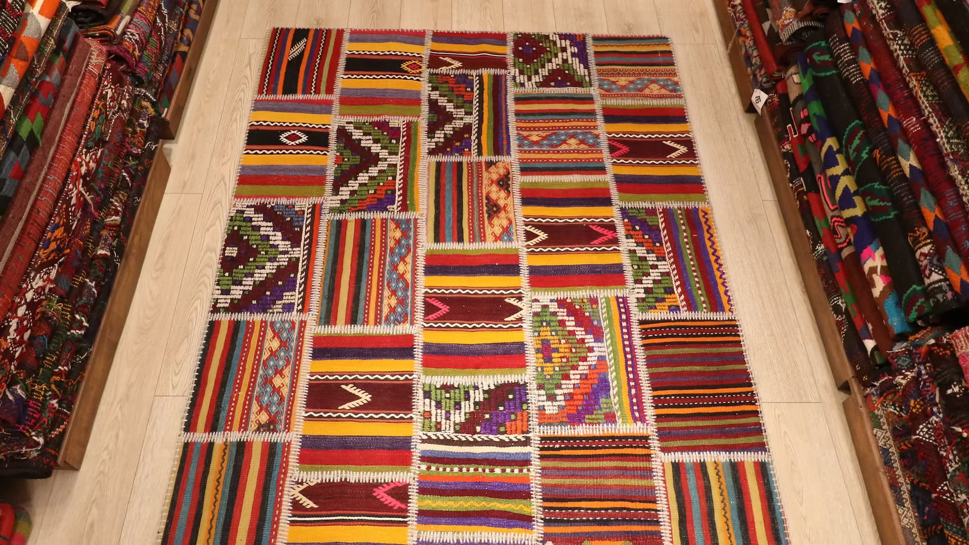 Medium Sized Vintage Patchwork Kilim Rug Handwoven in Turkey with Semi-Antique Kilim Fragments