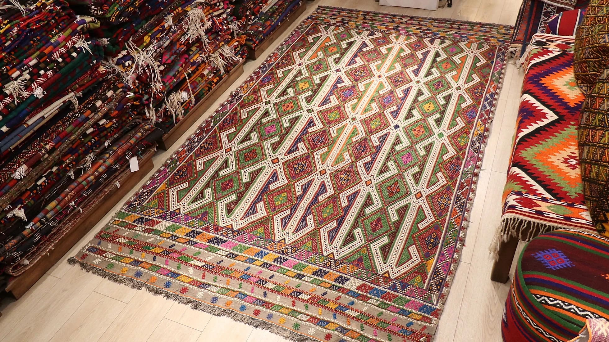 vintage colorful Turkish quilt in New York rug store