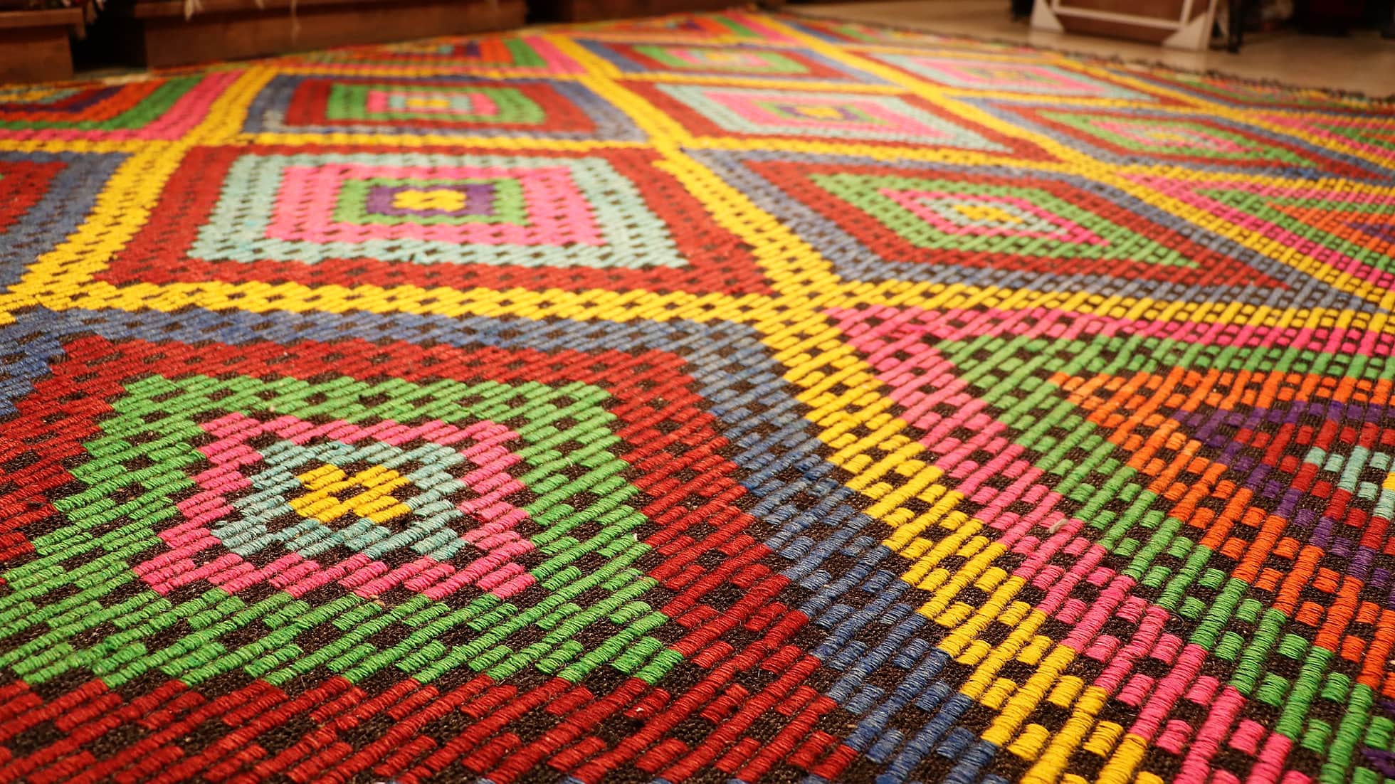 Multicolored vintage Cecim Kilim Rug with tribal embroidery