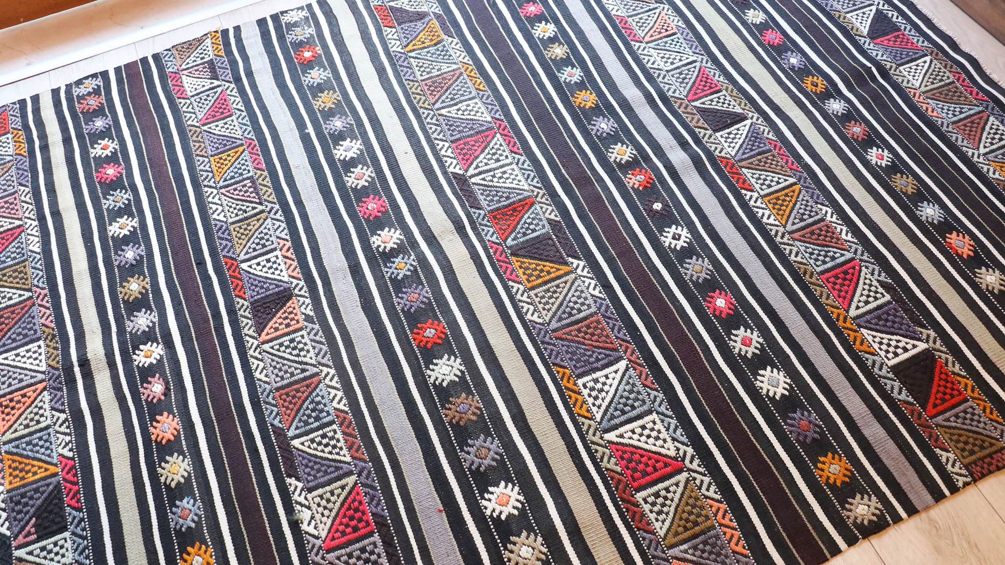 Hand knotted 100% wool Ancient Turkish Kilim Rug with black and white stripes